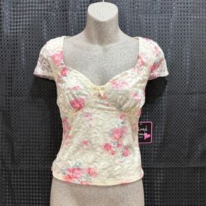 Mixed Threads Floral Lace Sweetheart Top Womens Medium Cream Pink Coquette